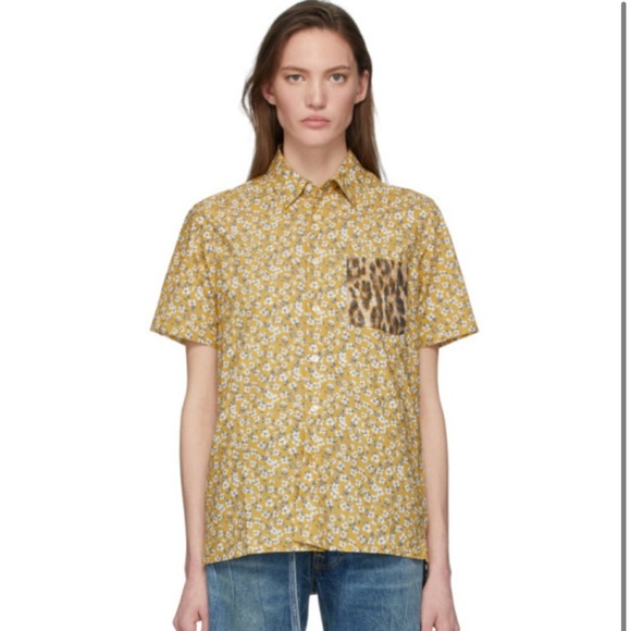 R13 Yellow Floral and Leopard Cotton Tony Button Down Shirt, Unisex Size Small - Picture 1 of 12